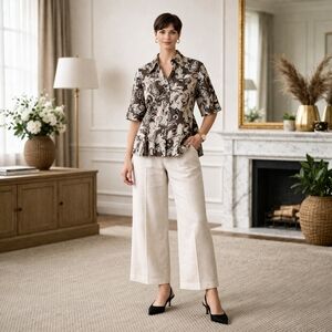 APT 9 Paisley Button Front Blouse 3X Structured Cotton Stretch Neutral Brown